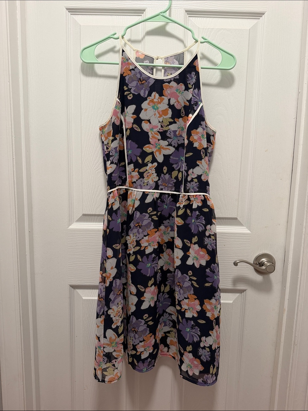 Skies Are Blue Navy Floral Halter Dress with Purple & Peach Flowers